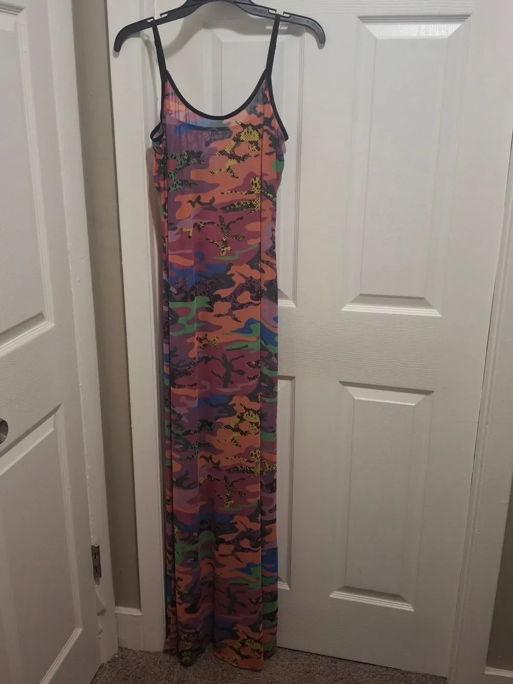 Sheer Camo Print Maxi Slip Dress with Leopard Accents - Multicolor